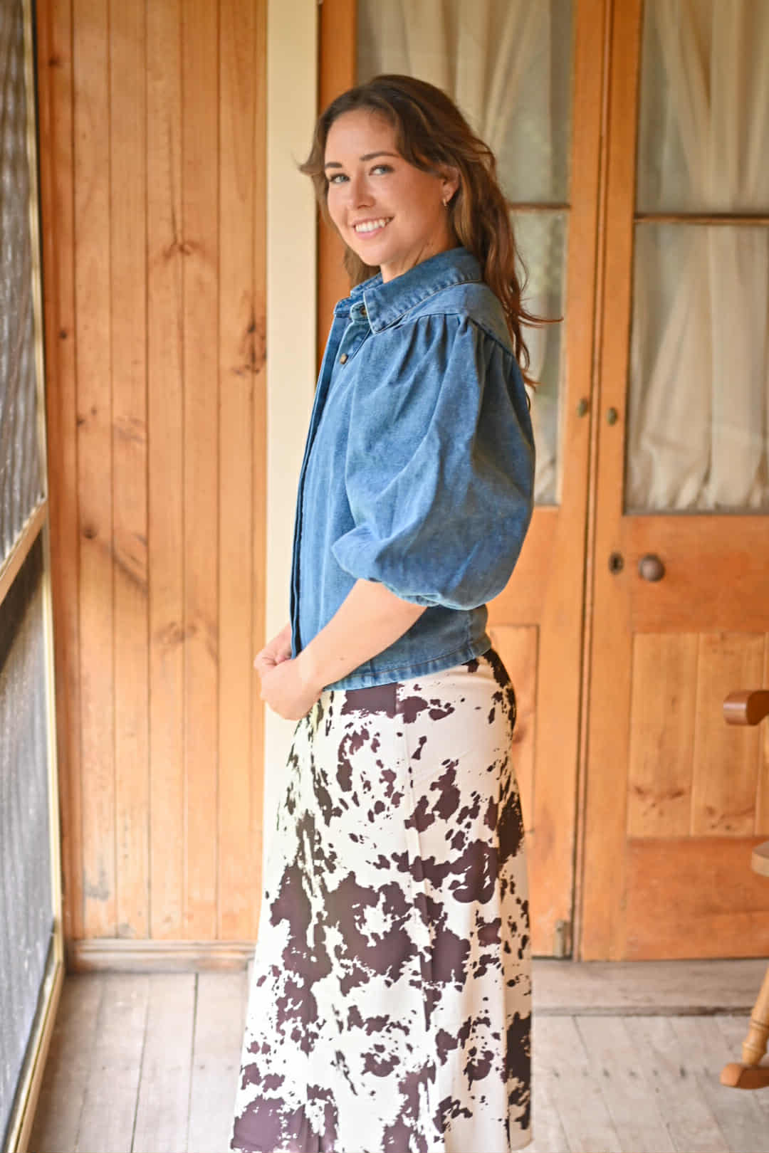 Long satin cow print skirt
