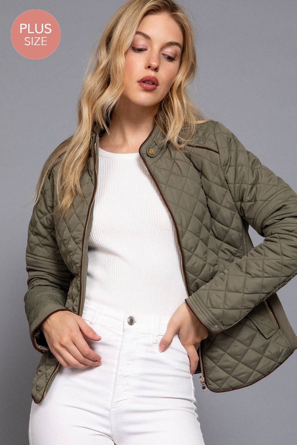 Curvy Girls Suede Piping Detail Rib Quilted Padding Jacket