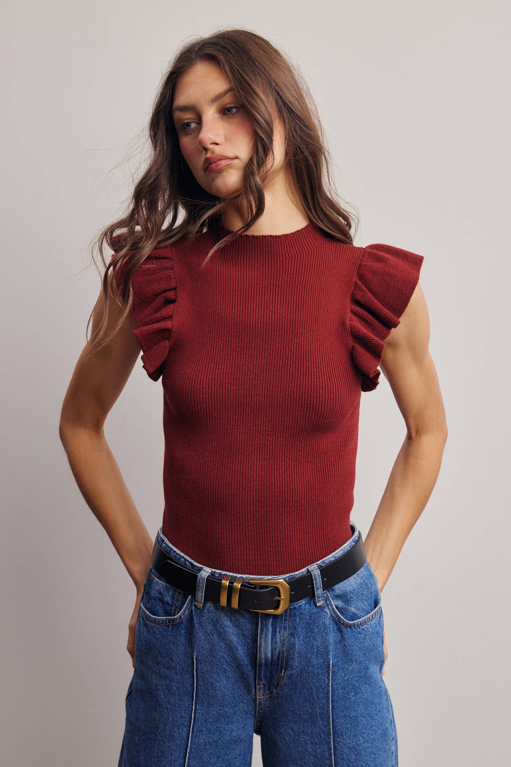 Ruffle Sleeve Rib Knit Top