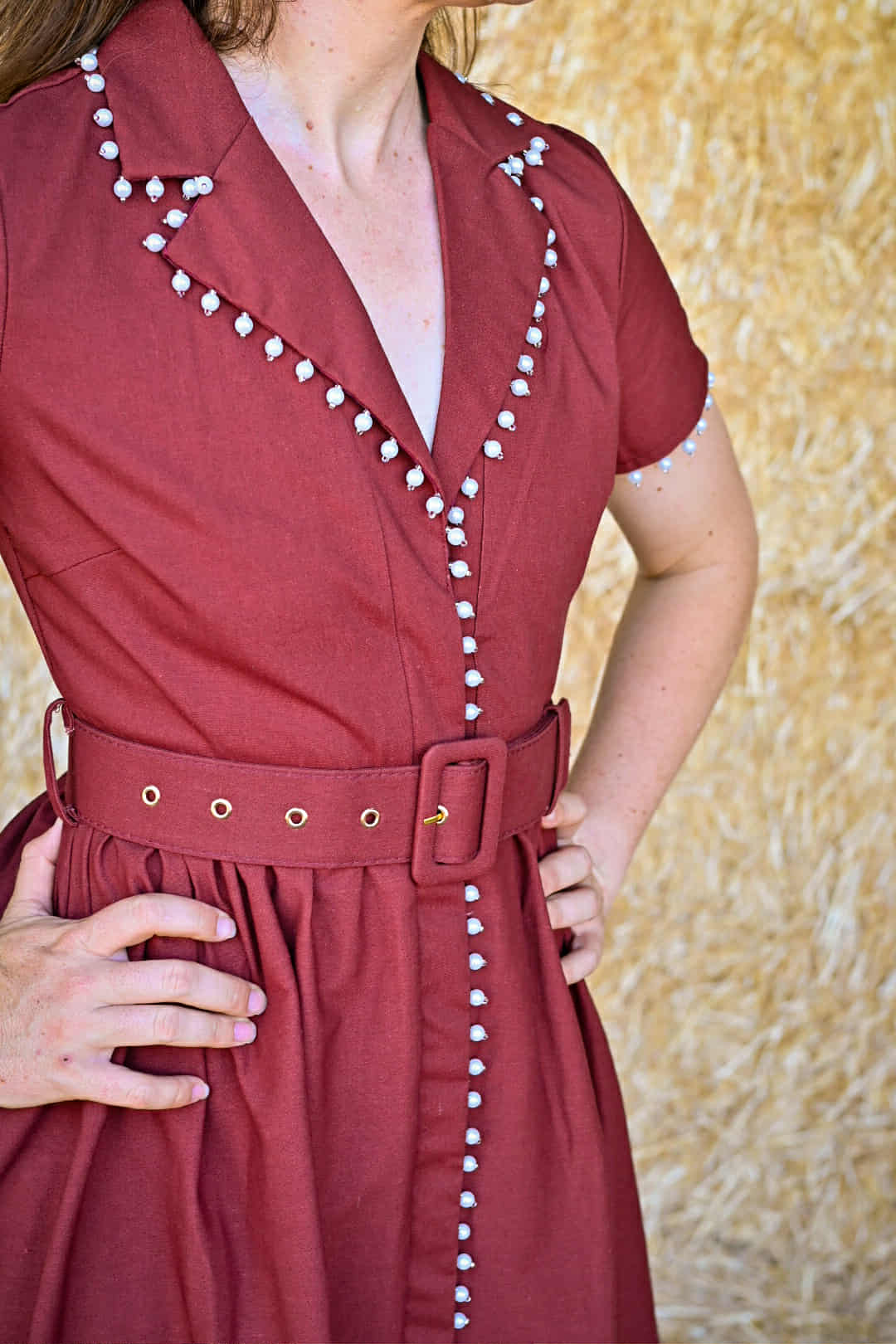 SHORT SLEEVE COLLARED MIDI DRESS WITH PEARL DETAIL