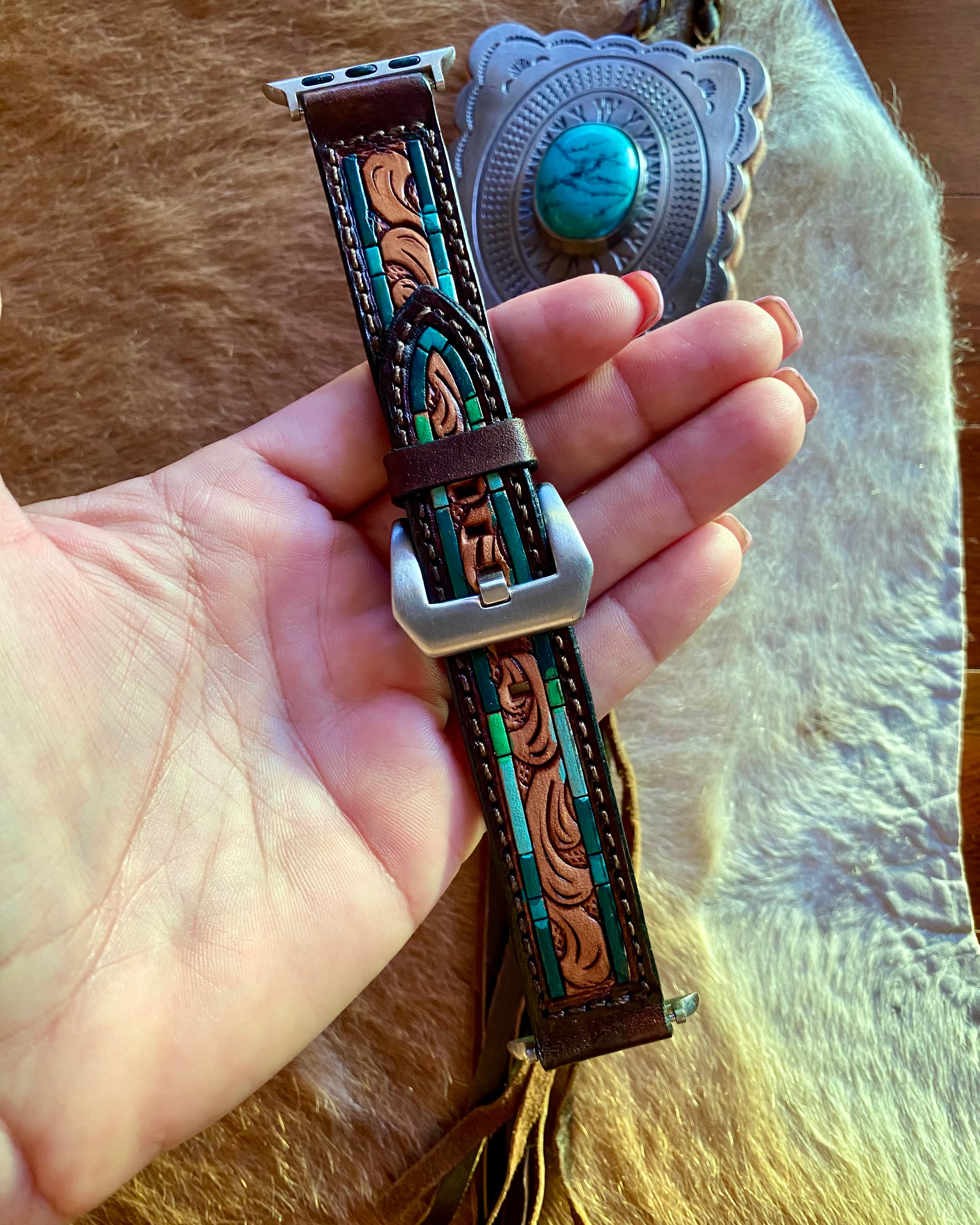 Tooled Leather Watch Band with Turquoise Painted Edge