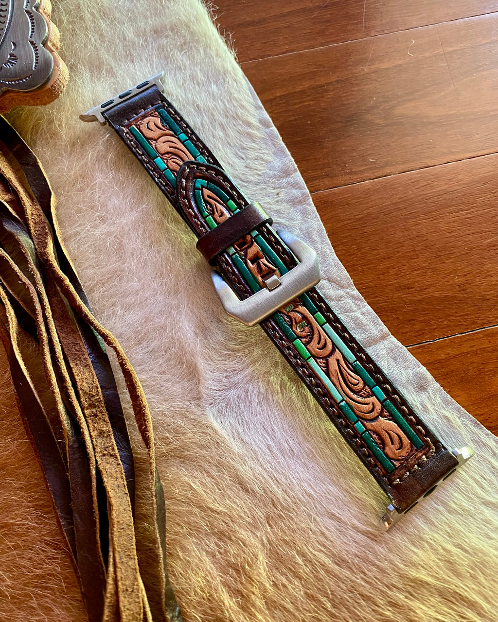 Tooled Leather Watch Band with Turquoise Painted Edge