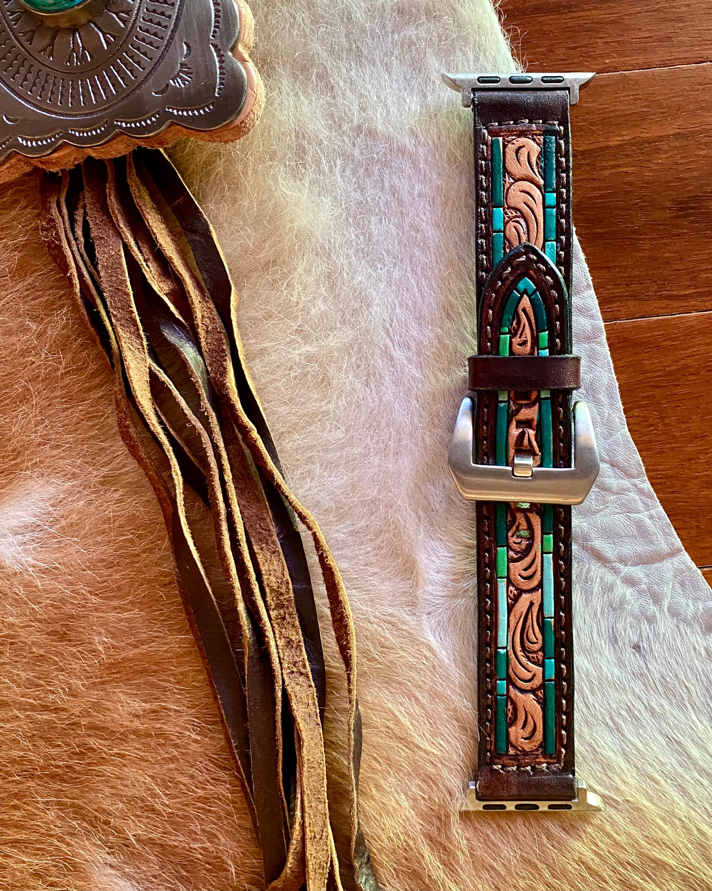Tooled Leather Watch Band with Turquoise Painted Edge