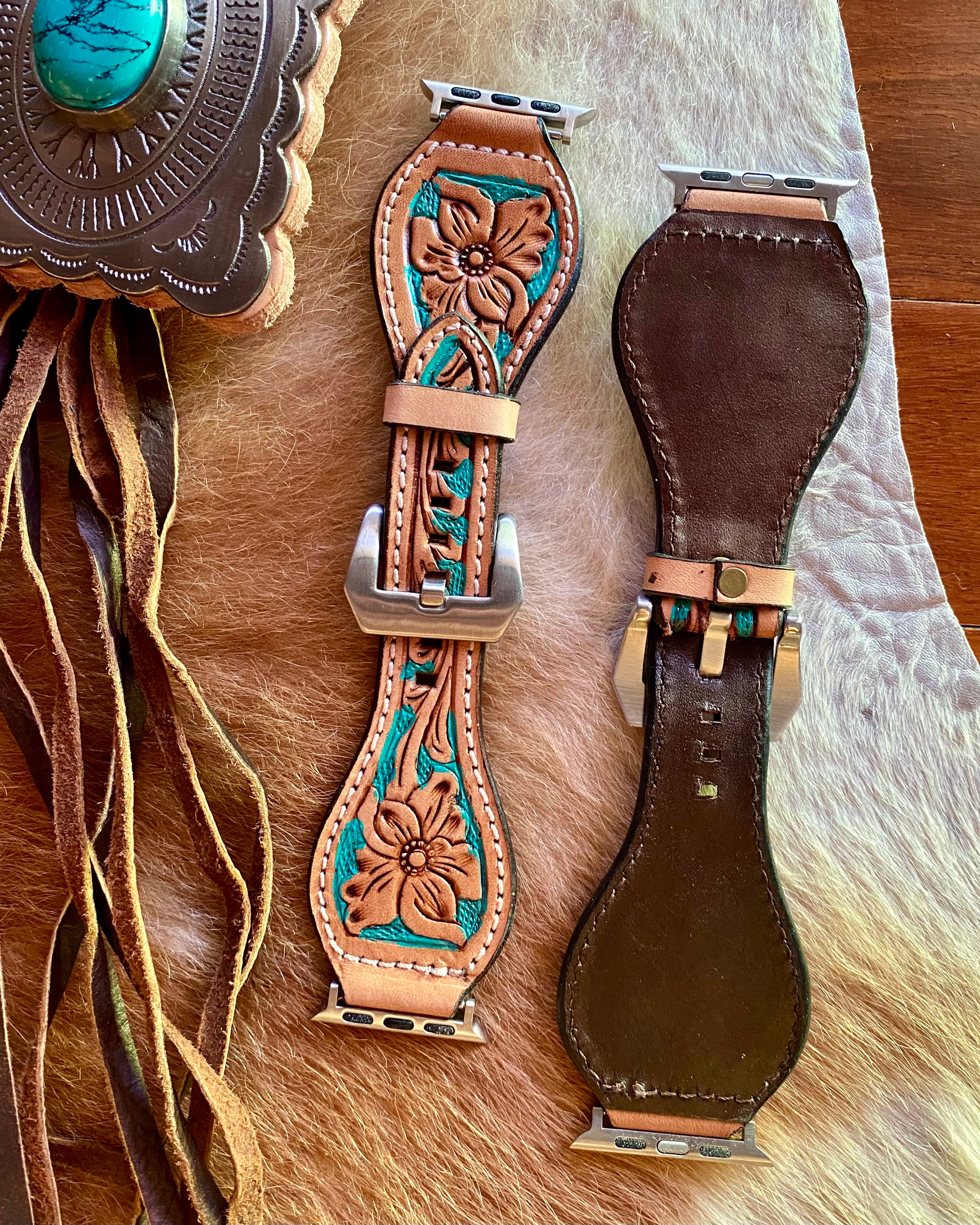 Tooled Turquoise Floral Watch Band (#2)