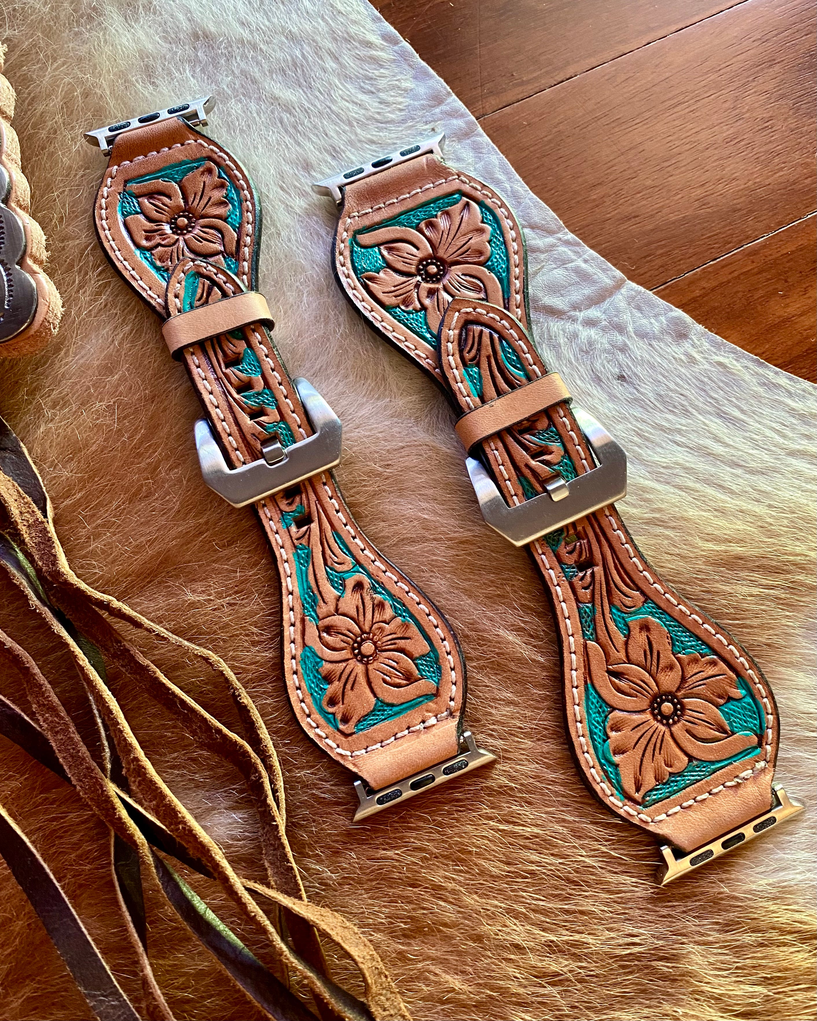 Tooled Turquoise Floral Watch Band (#2)