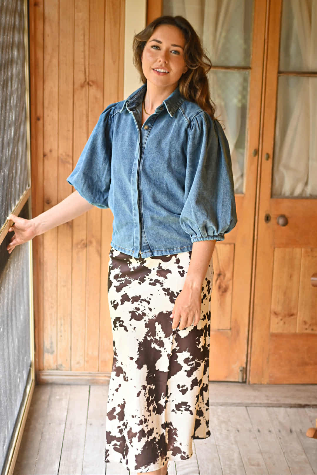 Long satin cow print skirt