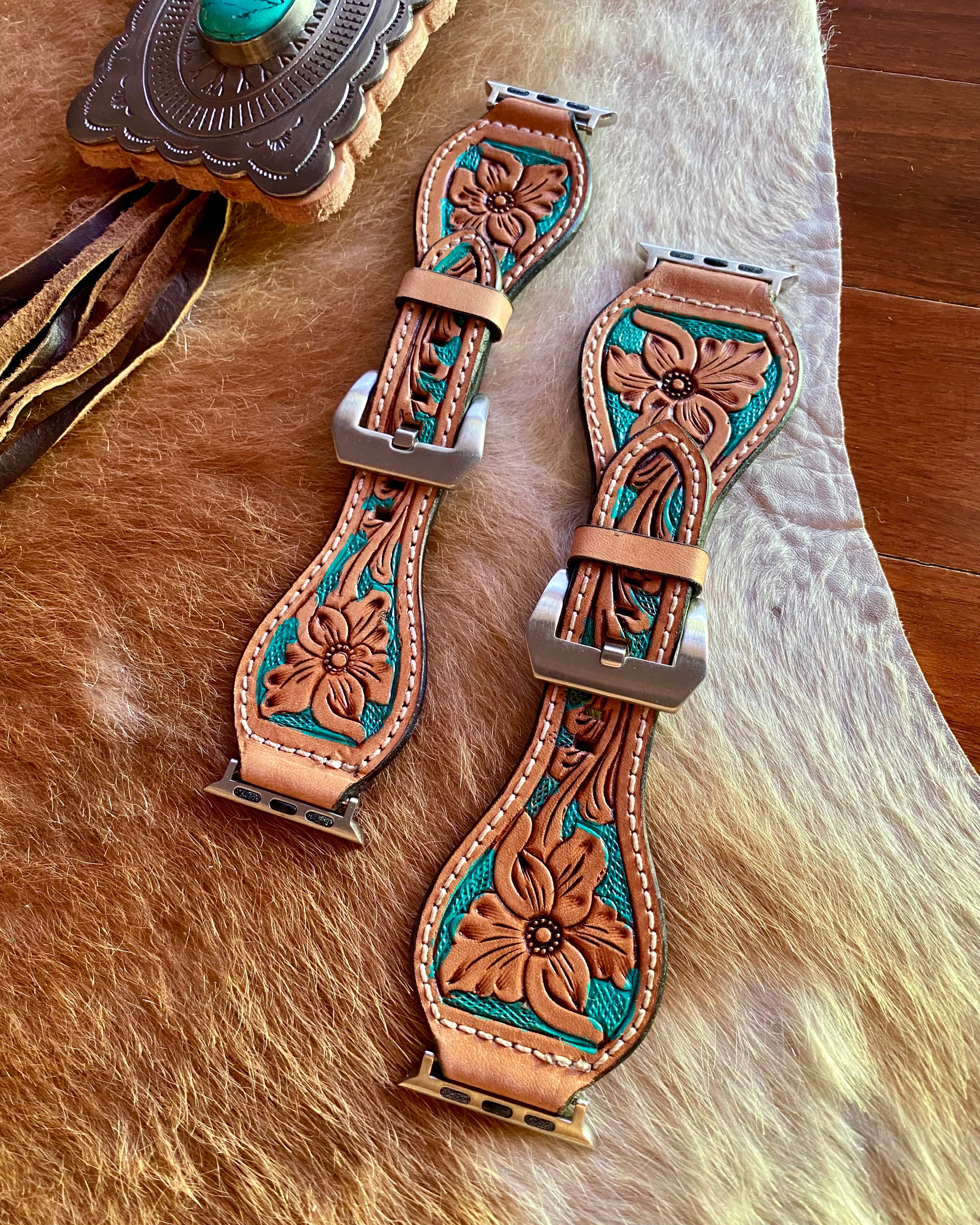 Tooled Turquoise Floral Watch Band (#2)