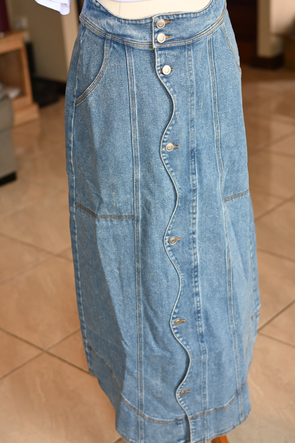 Wavy  Denim Maxi Skirt