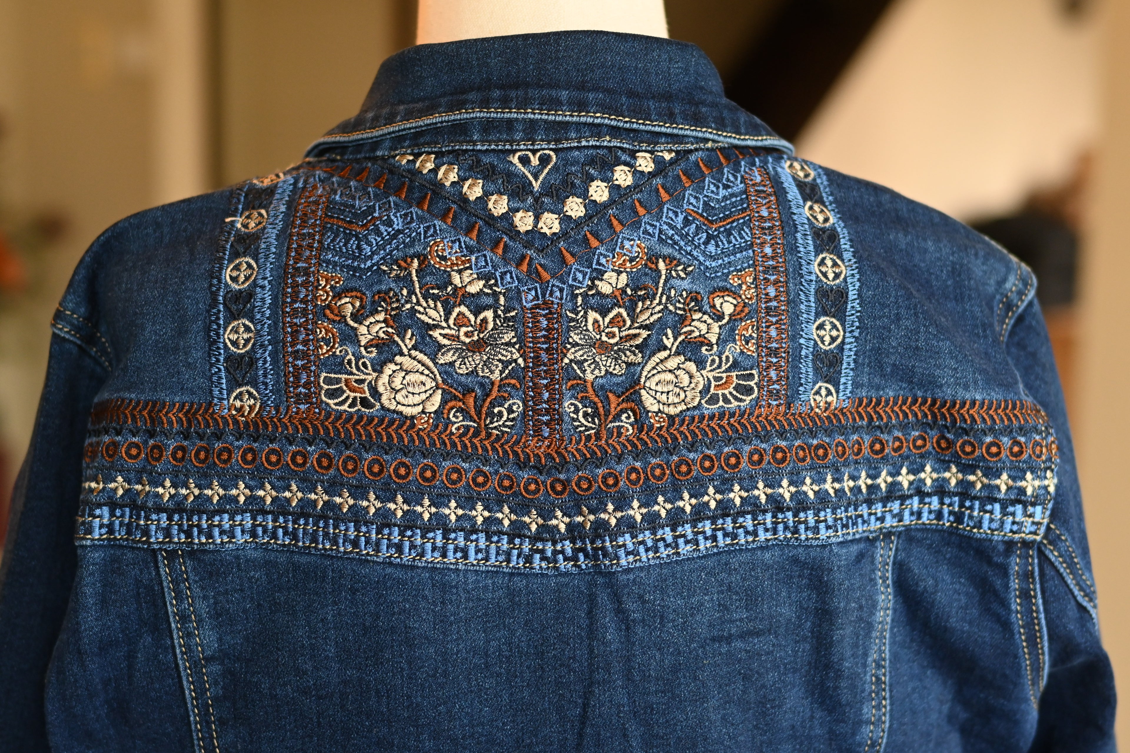 Embroided back denim jacket in dark blue