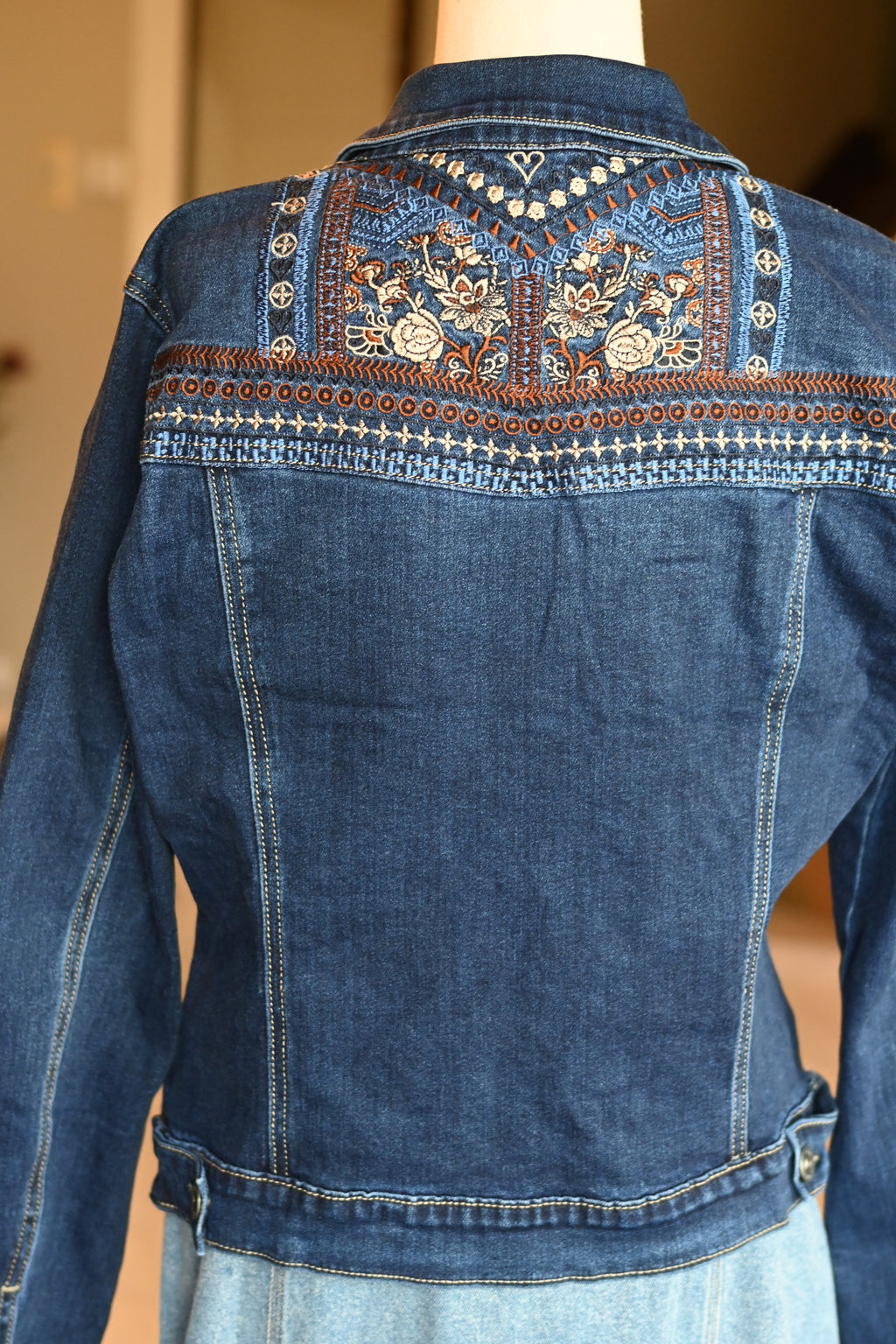 Embroided back denim jacket in dark blue