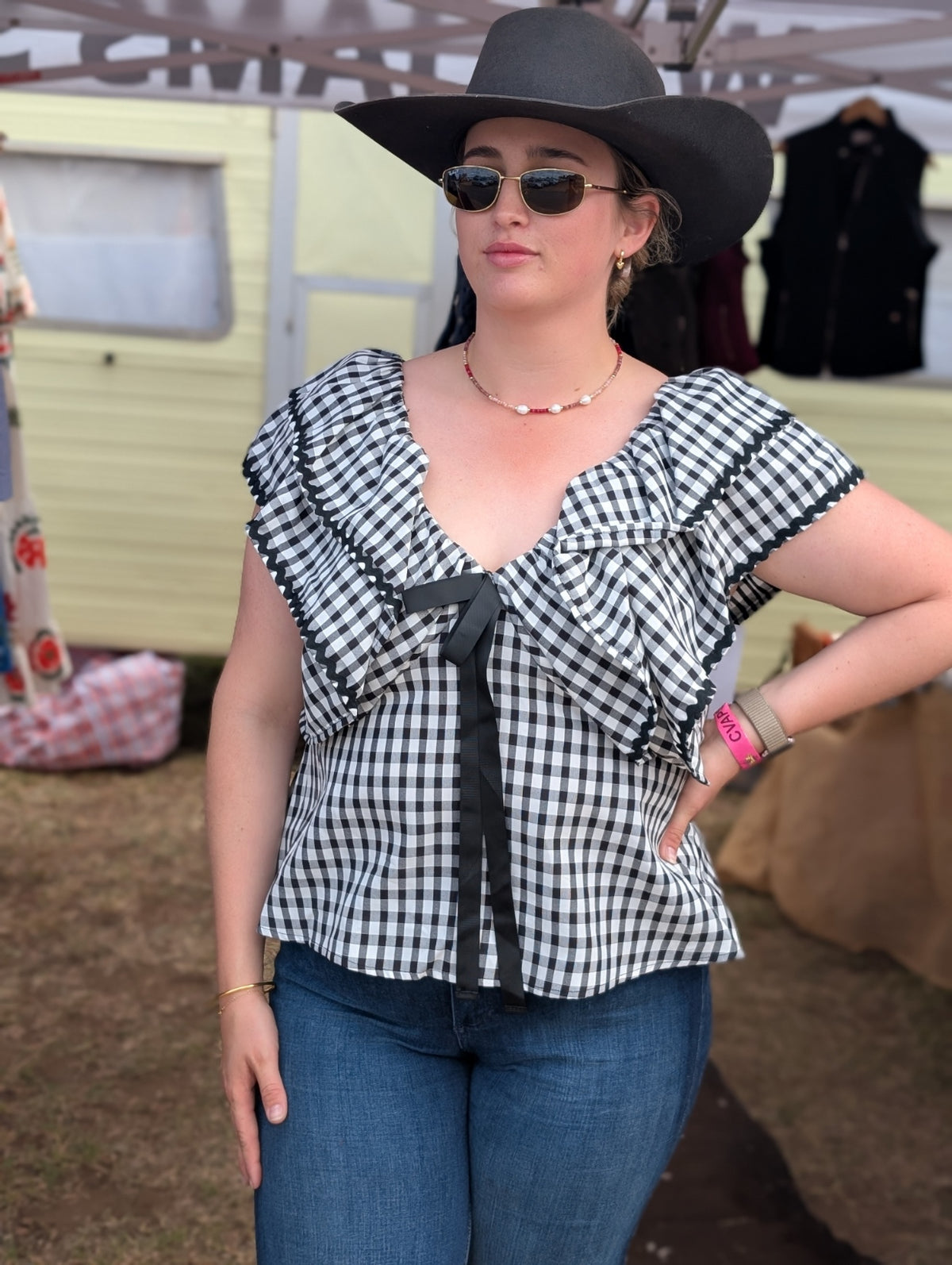 Dovery Gingham Leoti Ruffle Babydoll Top Curve
