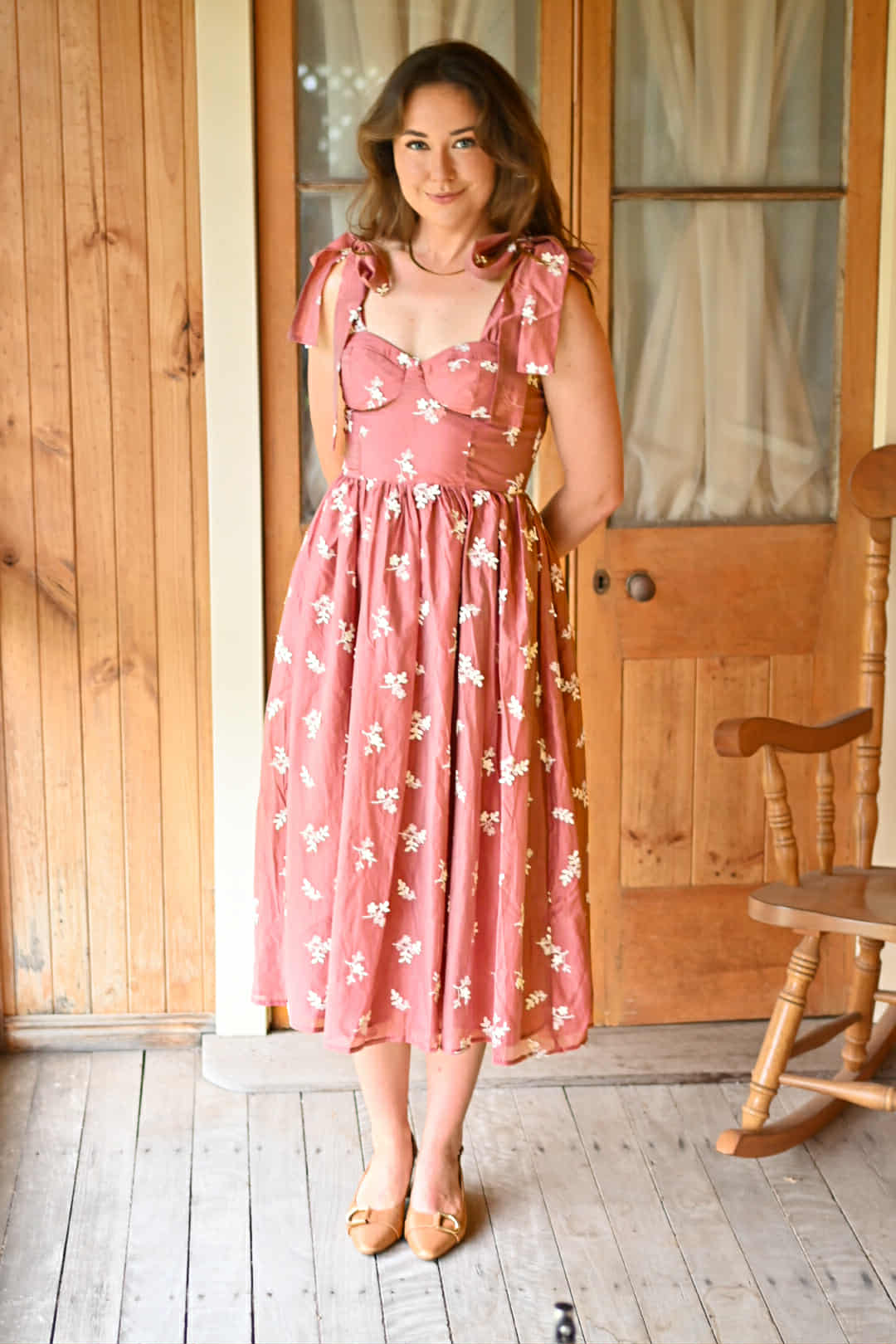 Mary Embroidered Tie-Shoulder Midi Dress