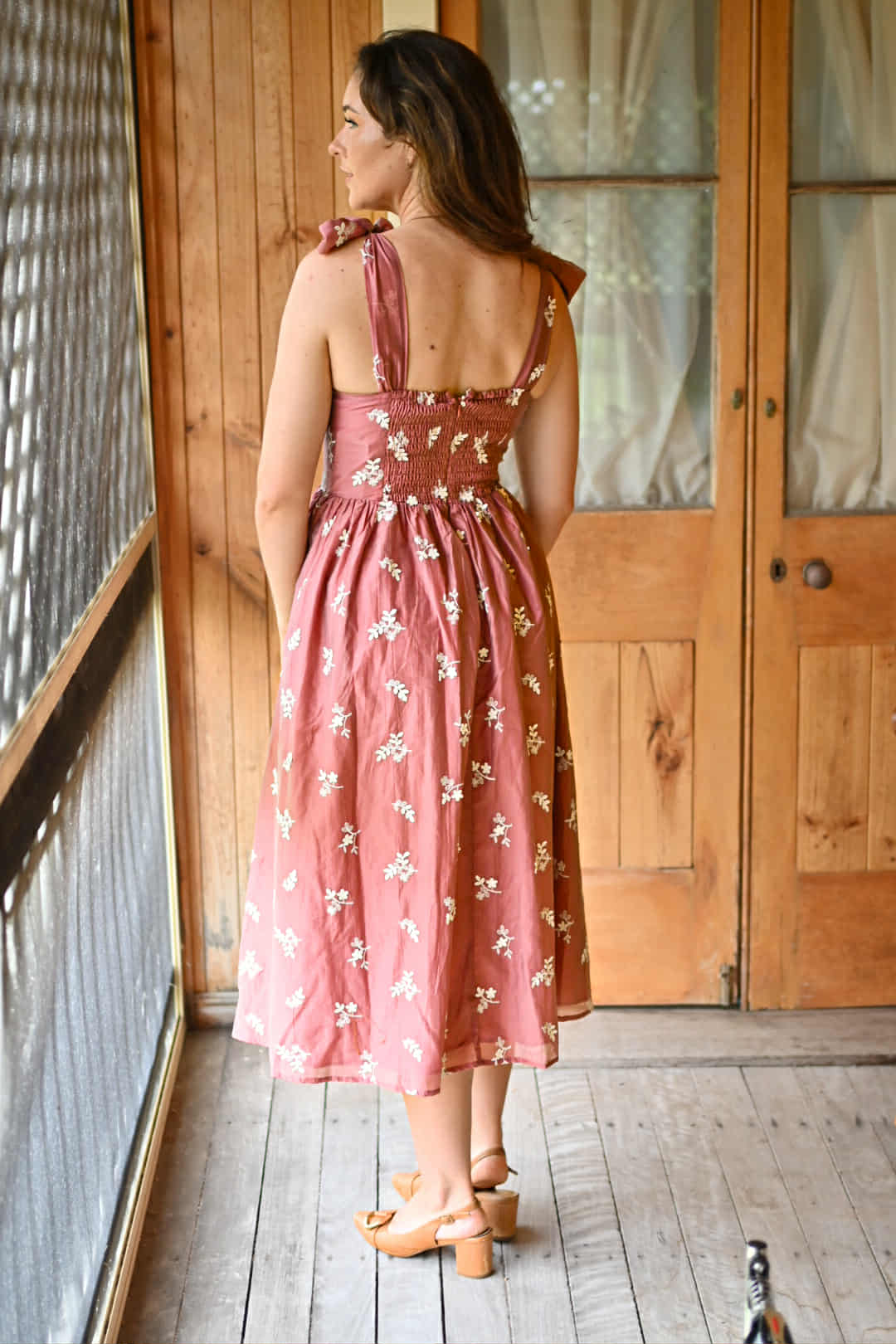 Mary Embroidered Tie-Shoulder Midi Dress