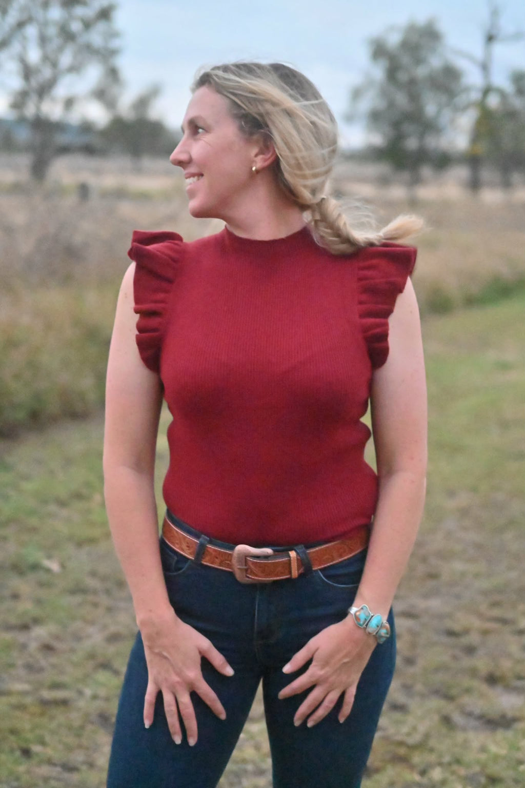 Ruffle Sleeve Rib Knit Top