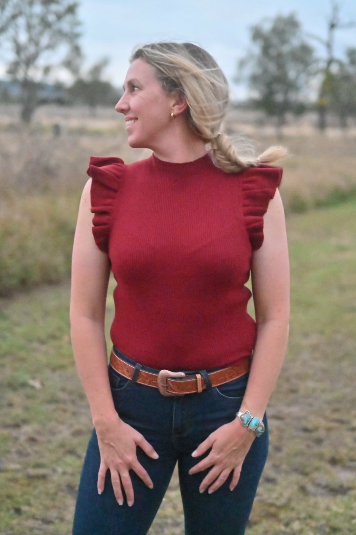 Ruffle Sleeve Rib Knit Top