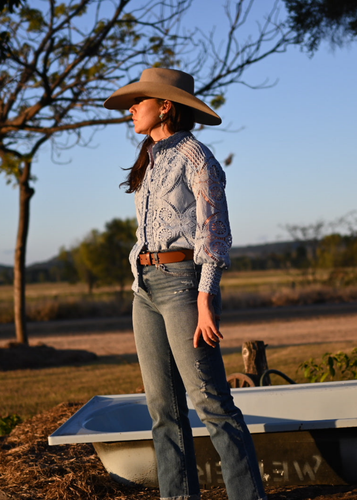 Leighton Blue Lace Button up Top