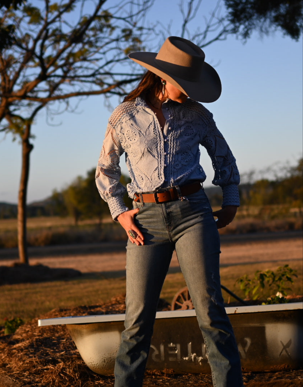 Leighton Blue Lace Button up Top