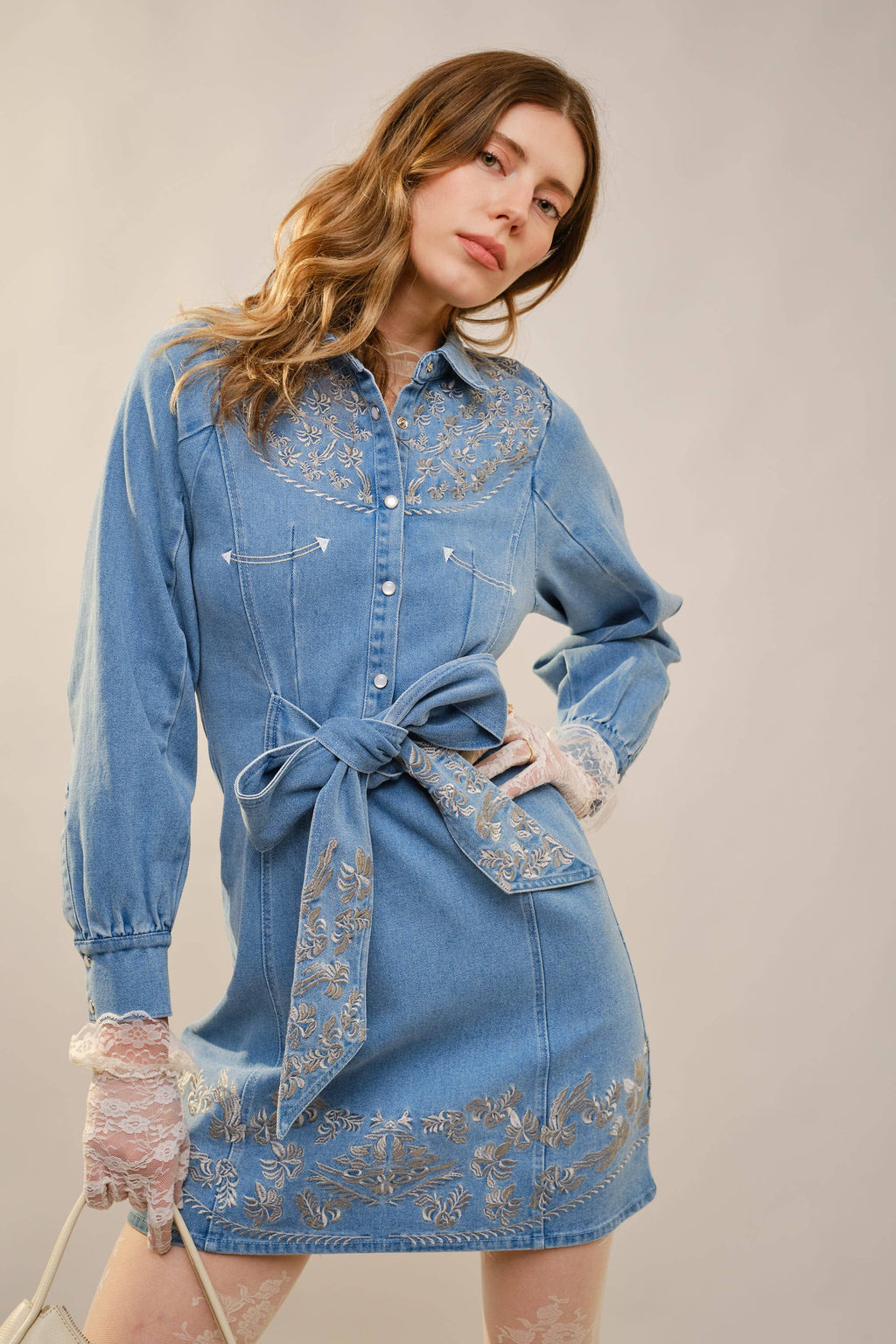 Embroidery Self Tie Denim Dress