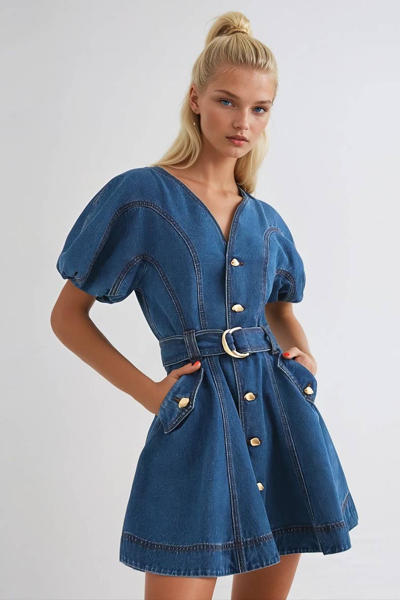 Juliette Bubble Sleeved A-Line Belted Denim Dress