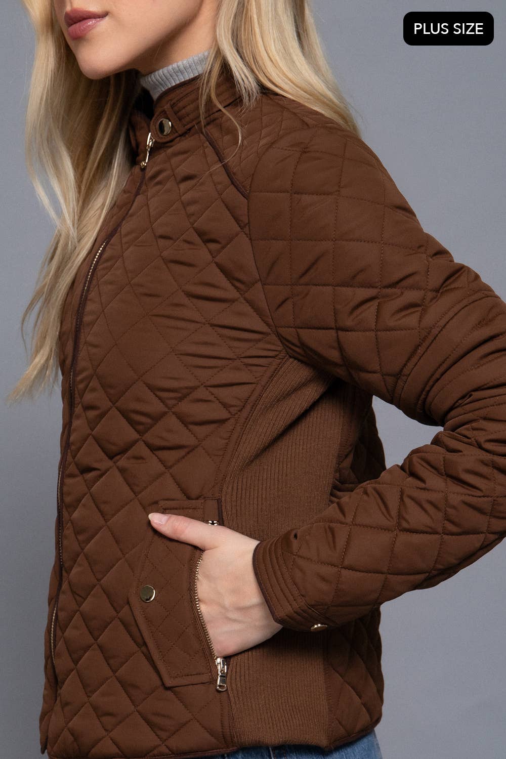 Curvy Girls Suede Piping Detail Rib Quilted Padding Jacket