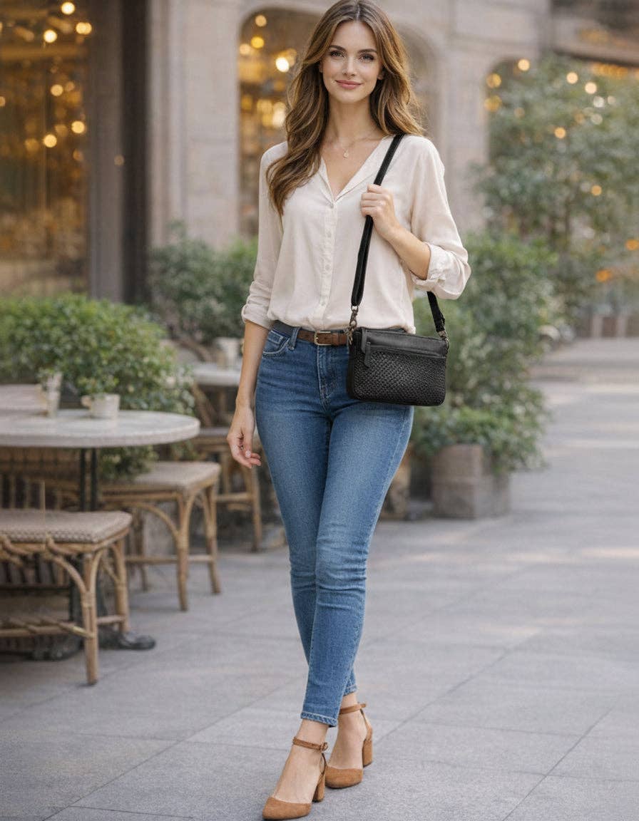 RENMARK WOVEN DETAIL LEATHER XBODY BAG