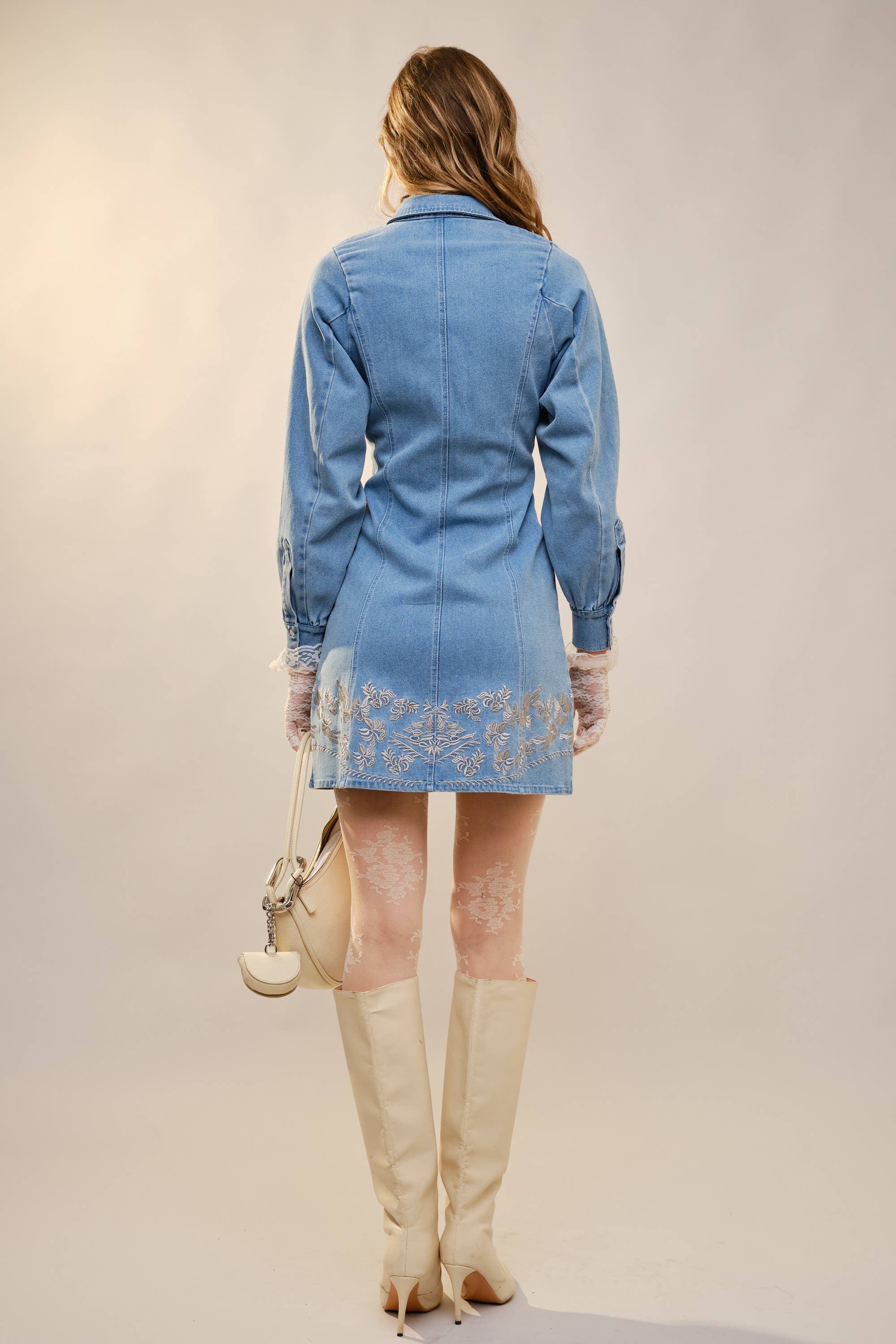 Embroidery Self Tie Denim Dress
