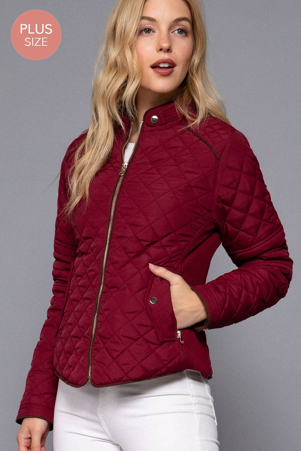 Curvy Girls Suede Piping Detail Rib Quilted Padding Jacket