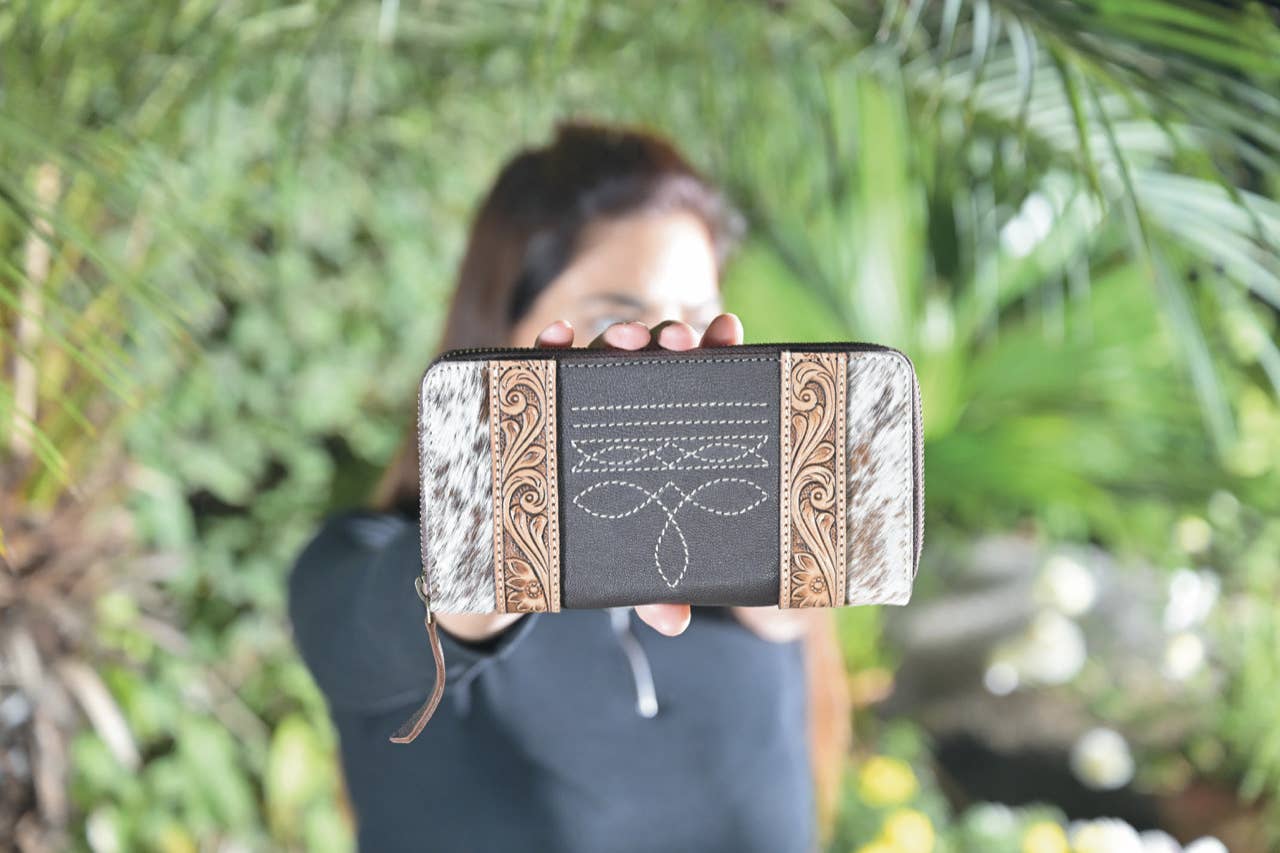 Cowhide & Tooling Lthr Boot Stitch Zip Wallet – Moore