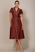 SHORT SLEEVE COLLARED MIDI DRESS WITH PEARL DETAIL