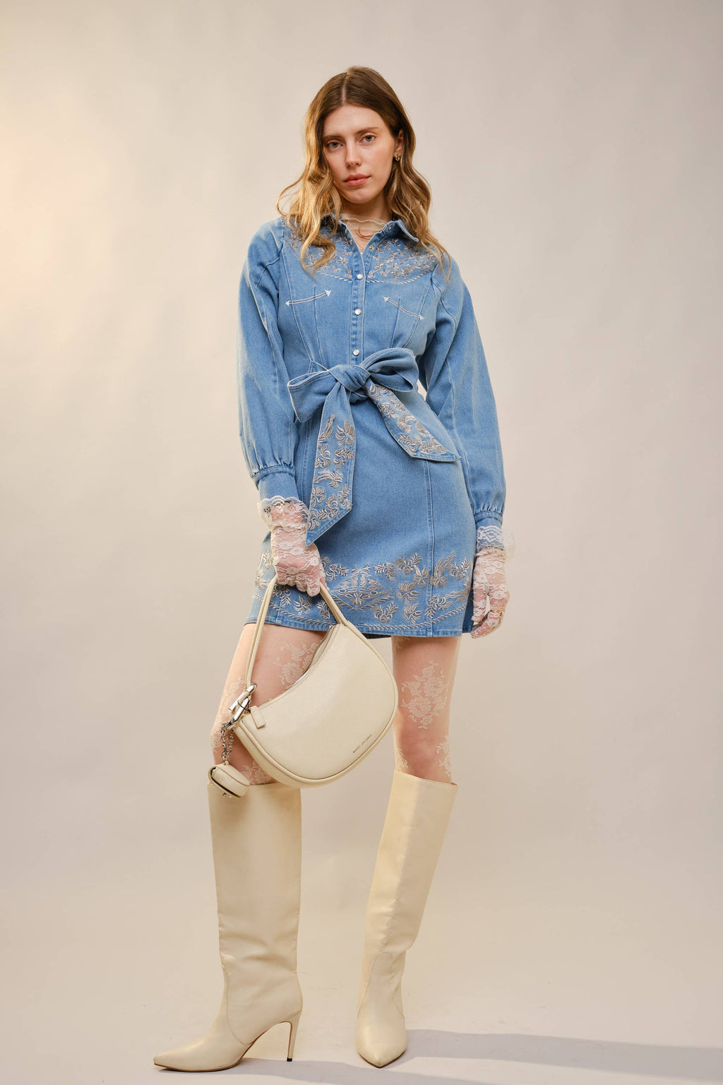Embroidery Self Tie Denim Dress