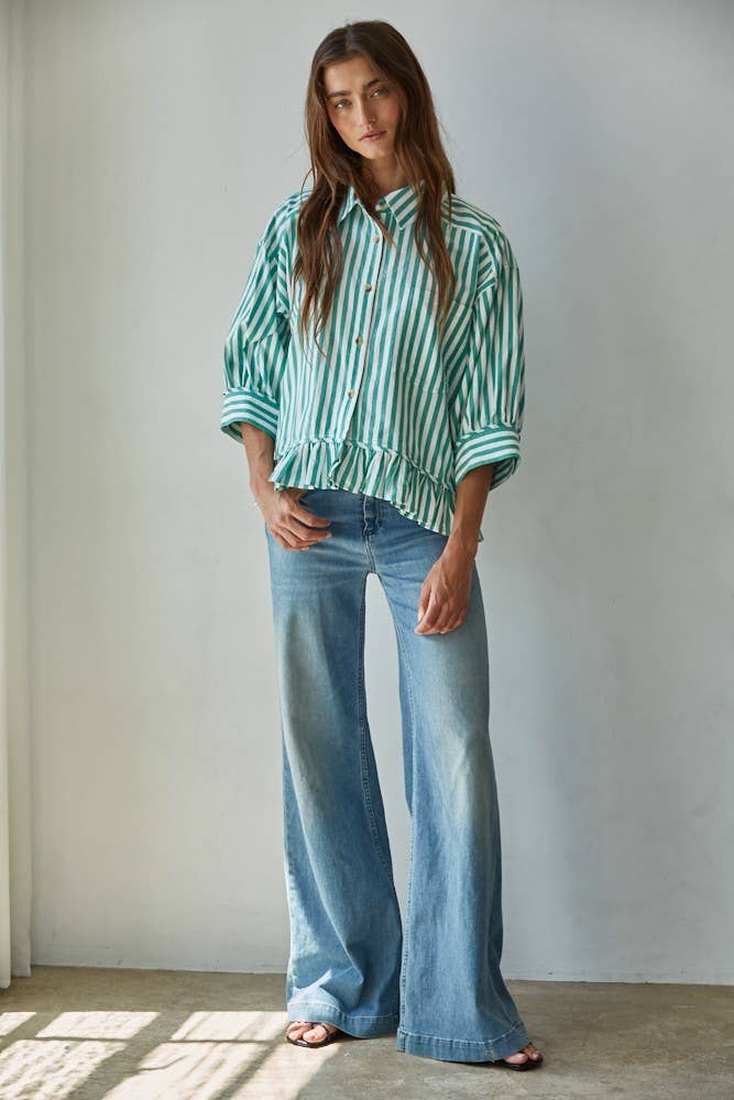 Kristy Woven Cotton Striped Button Down Shirt Top