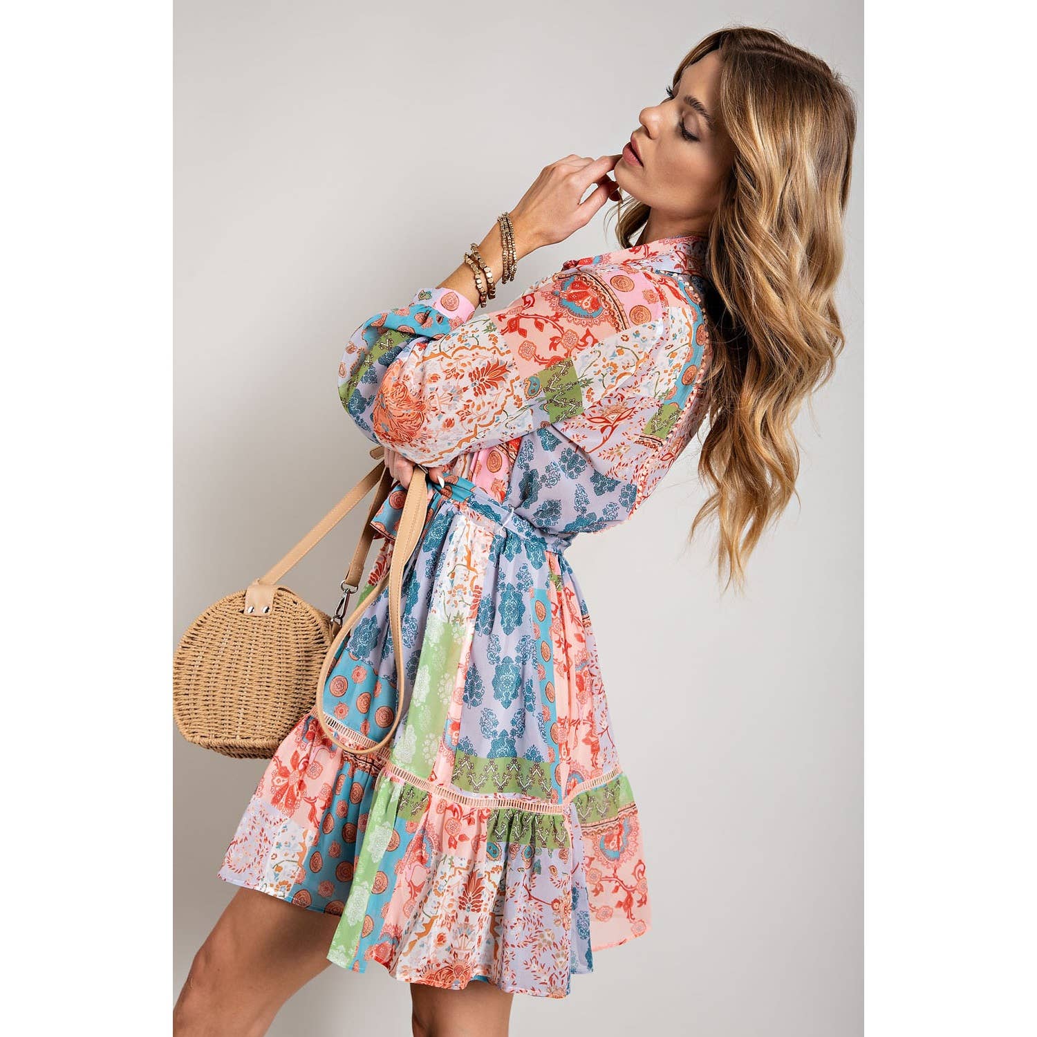 FLOWER PRINT LONG SLEEVE SHIRT DRESS