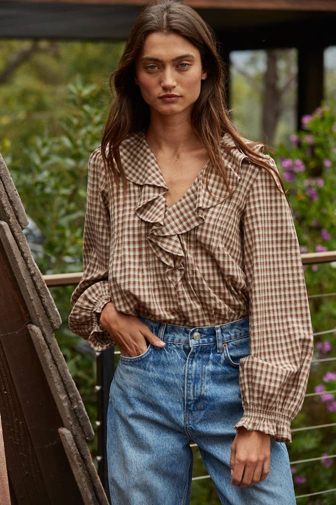 Lana Woven Cotton Gingham Ruffled Blouse