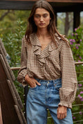 Lana Woven Cotton Gingham Ruffled Blouse