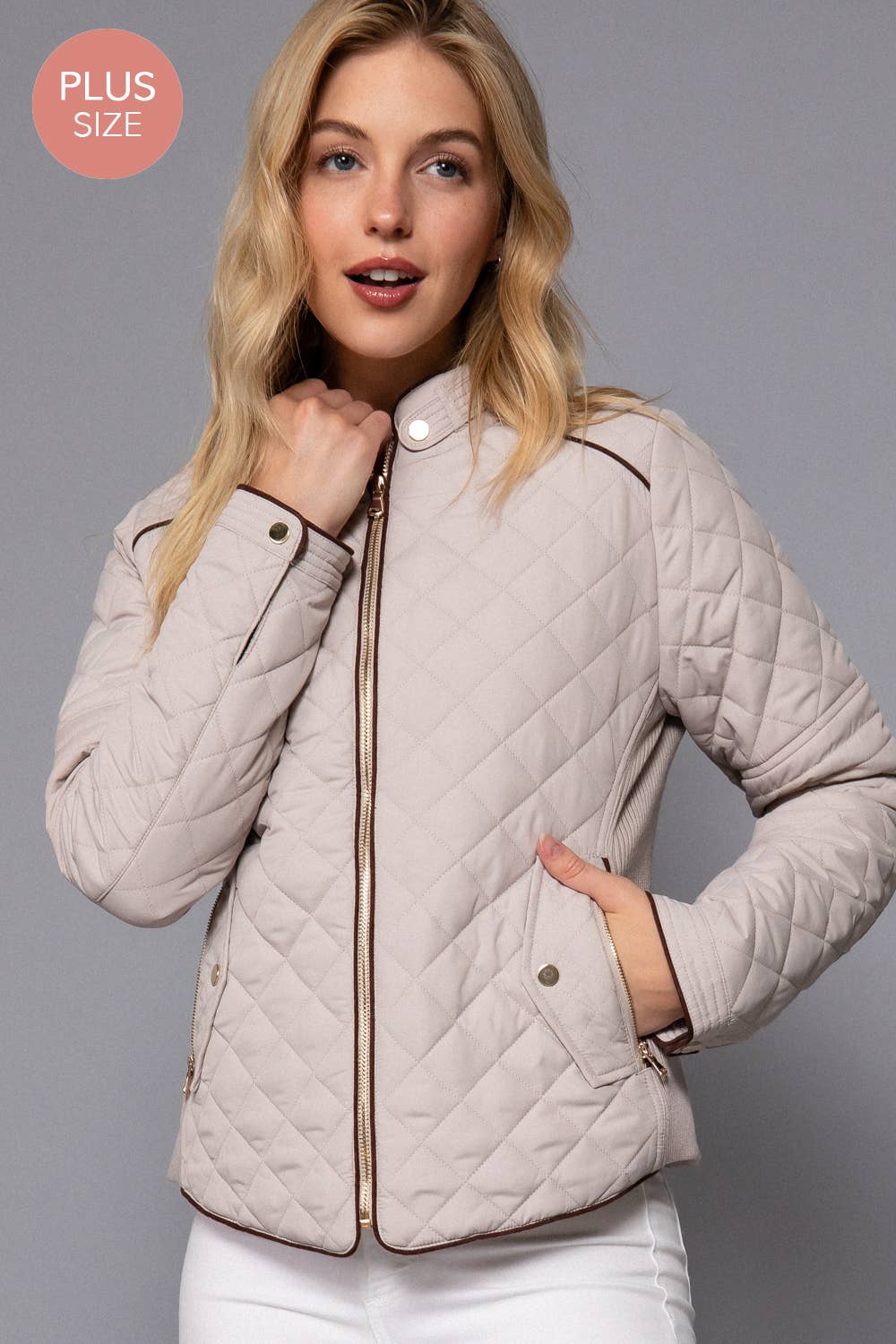 Curvy Girls Suede Piping Detail Rib Quilted Padding Jacket