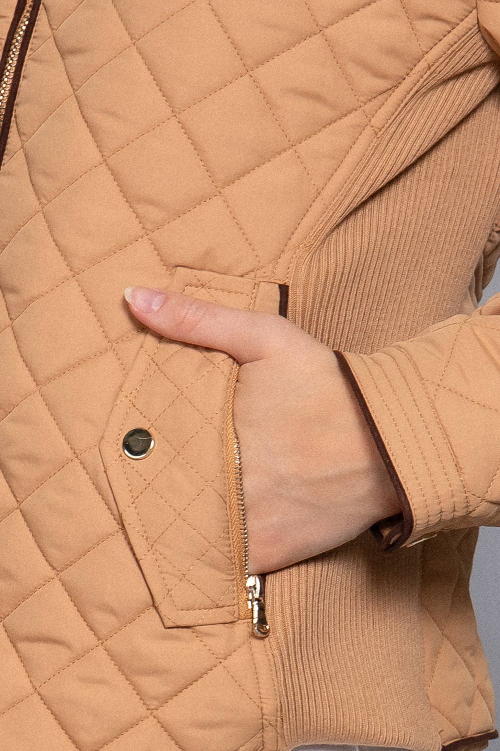 Curvy Girls Suede Piping Detail Rib Quilted Padding Jacket