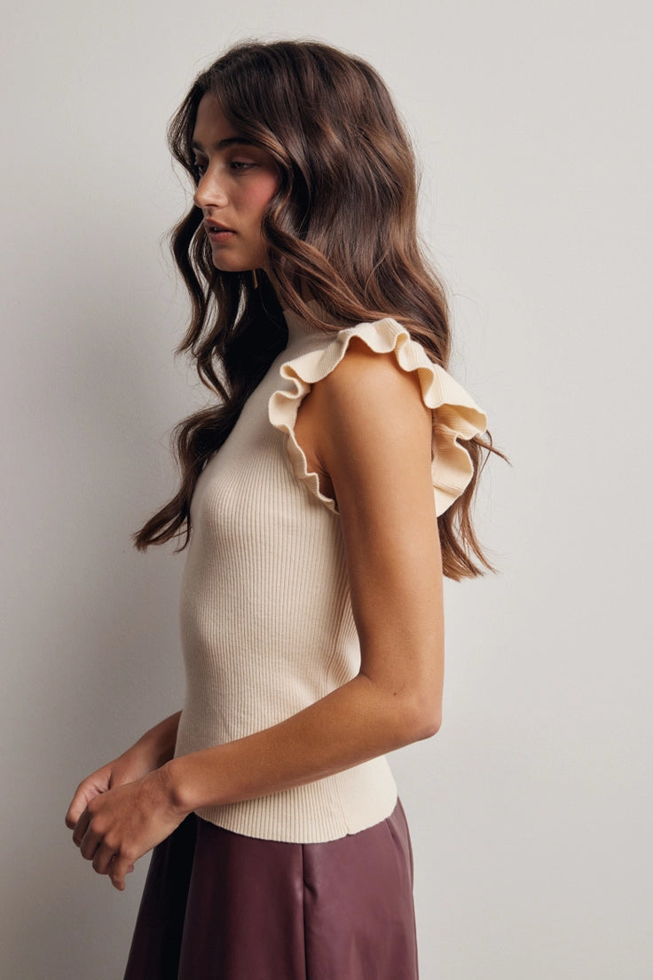 Ruffle Sleeve Rib Knit Top