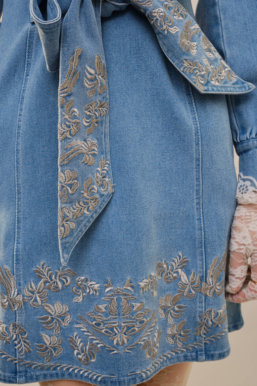 Embroidery Self Tie Denim Dress