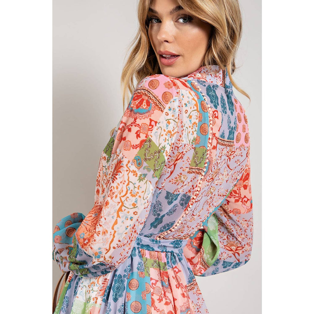 FLOWER PRINT LONG SLEEVE SHIRT DRESS