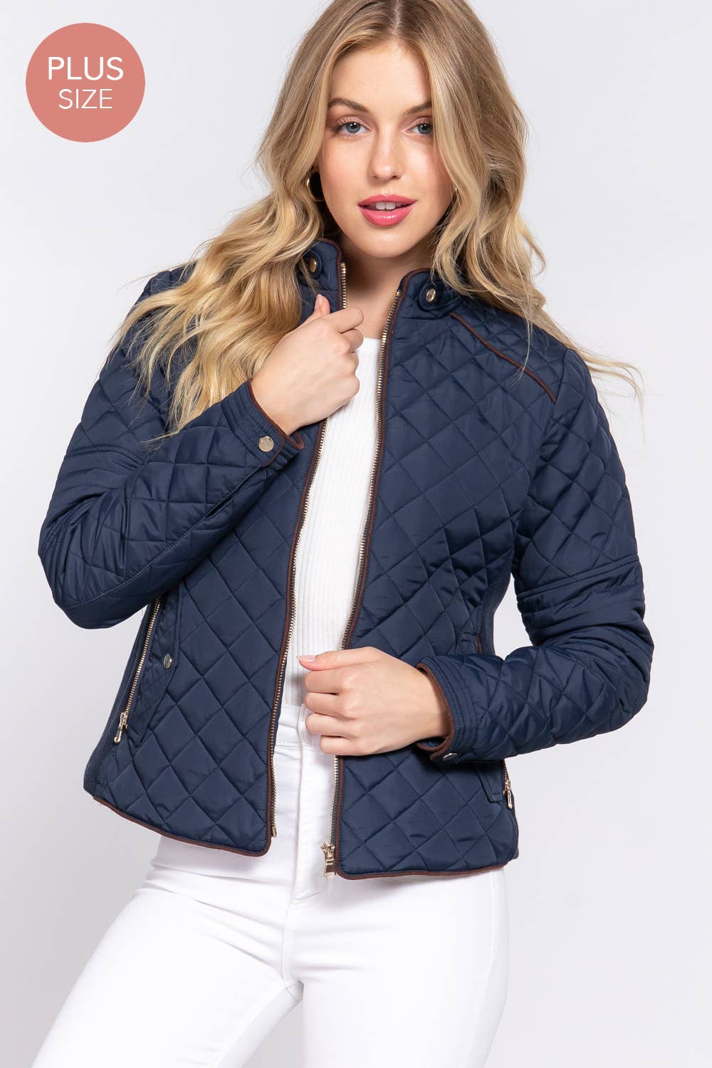 Curvy Girls Suede Piping Detail Rib Quilted Padding Jacket