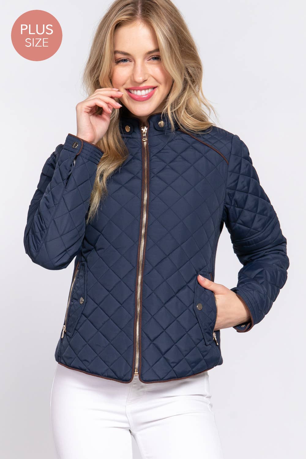 Curvy Girls Suede Piping Detail Rib Quilted Padding Jacket