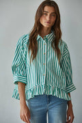Kristy Woven Cotton Striped Button Down Shirt Top
