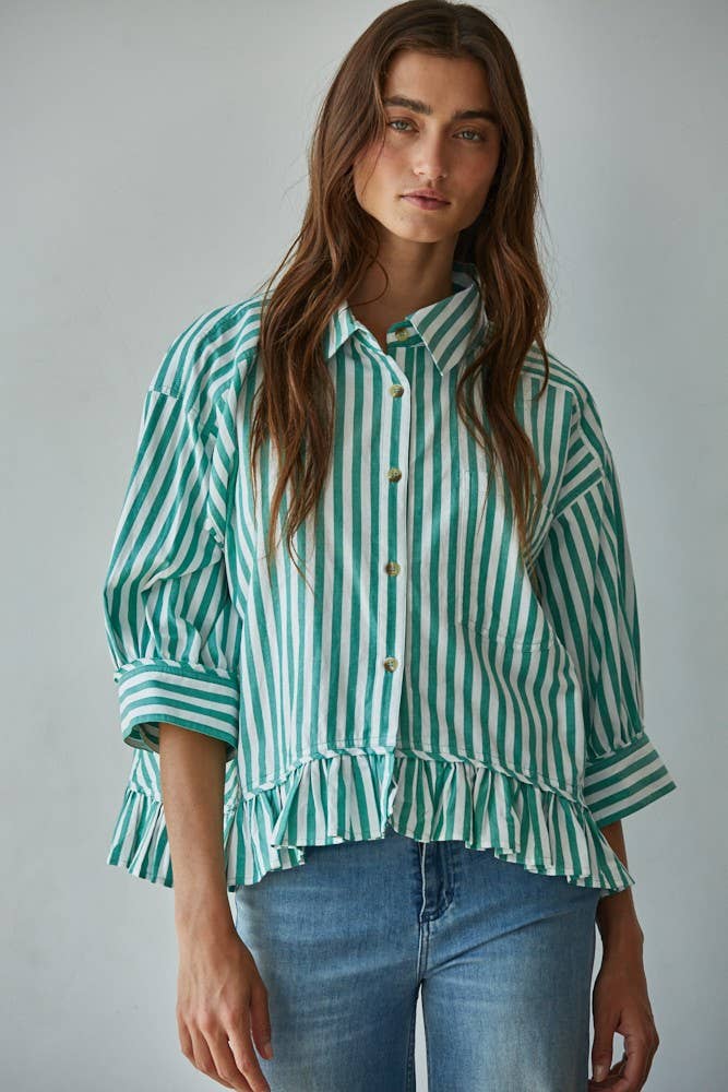 Kristy Woven Cotton Striped Button Down Shirt Top