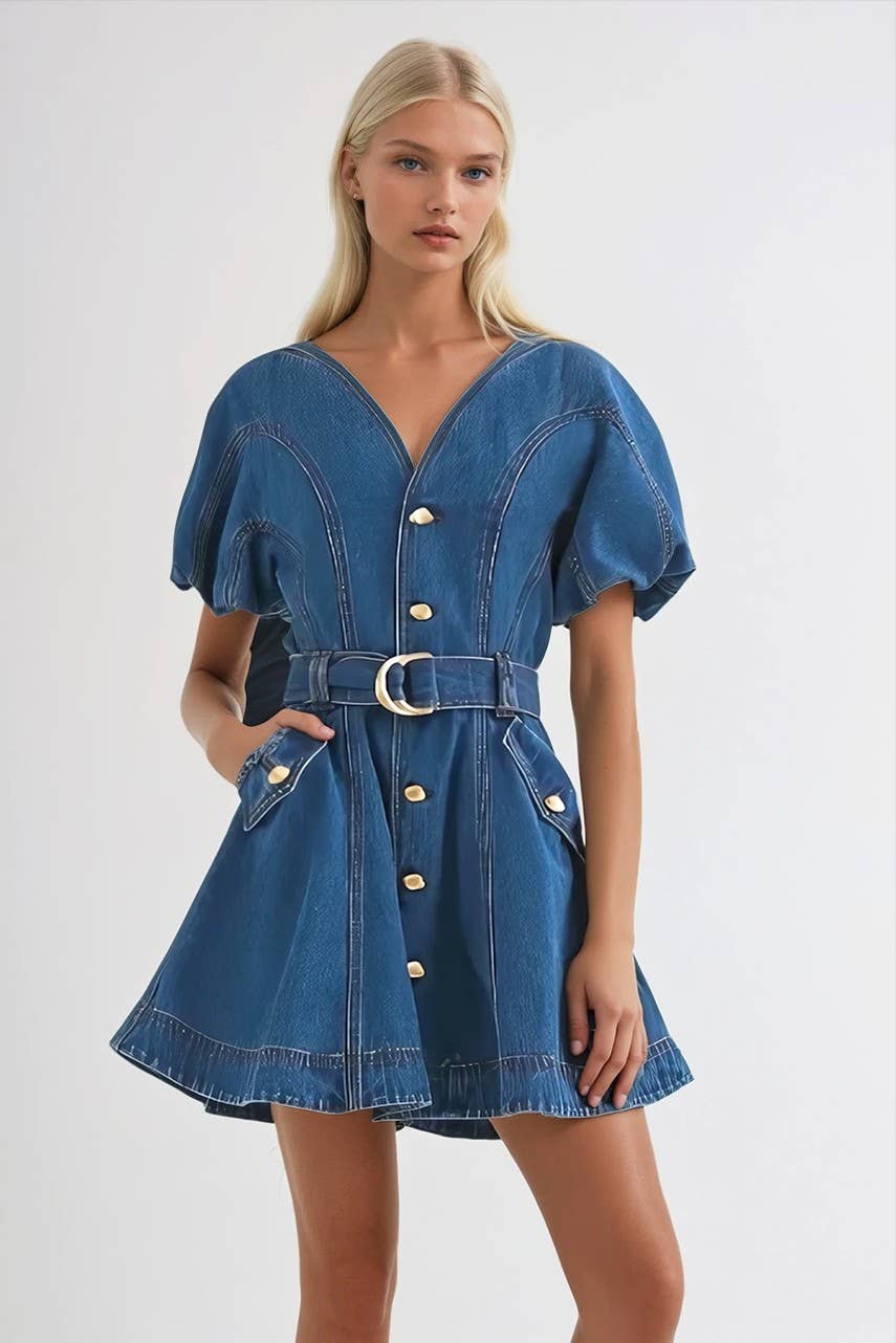 Juliette Bubble Sleeved A-Line Belted Denim Dress