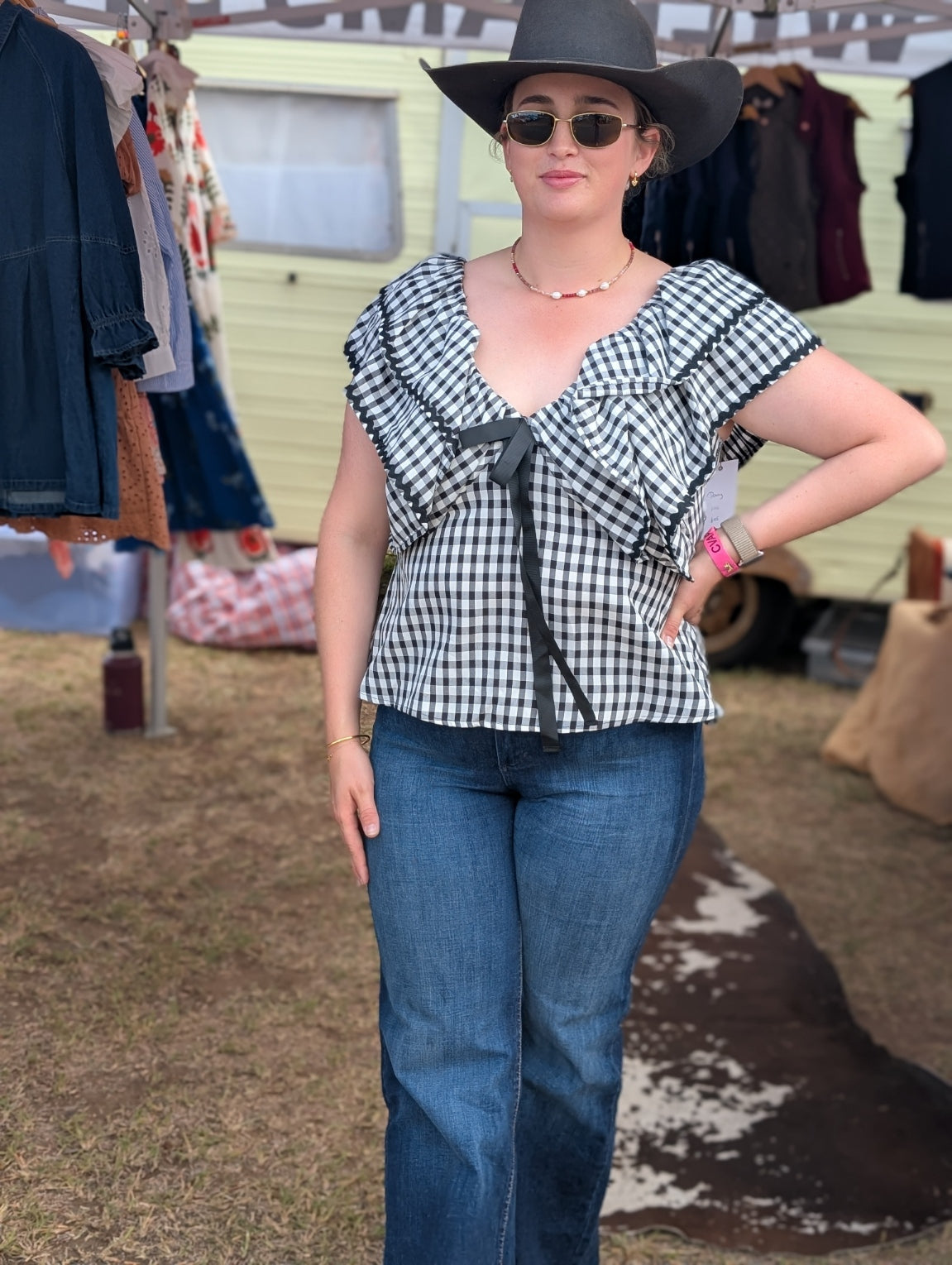 Dovery Gingham Leoti Ruffle Babydoll Top Curve