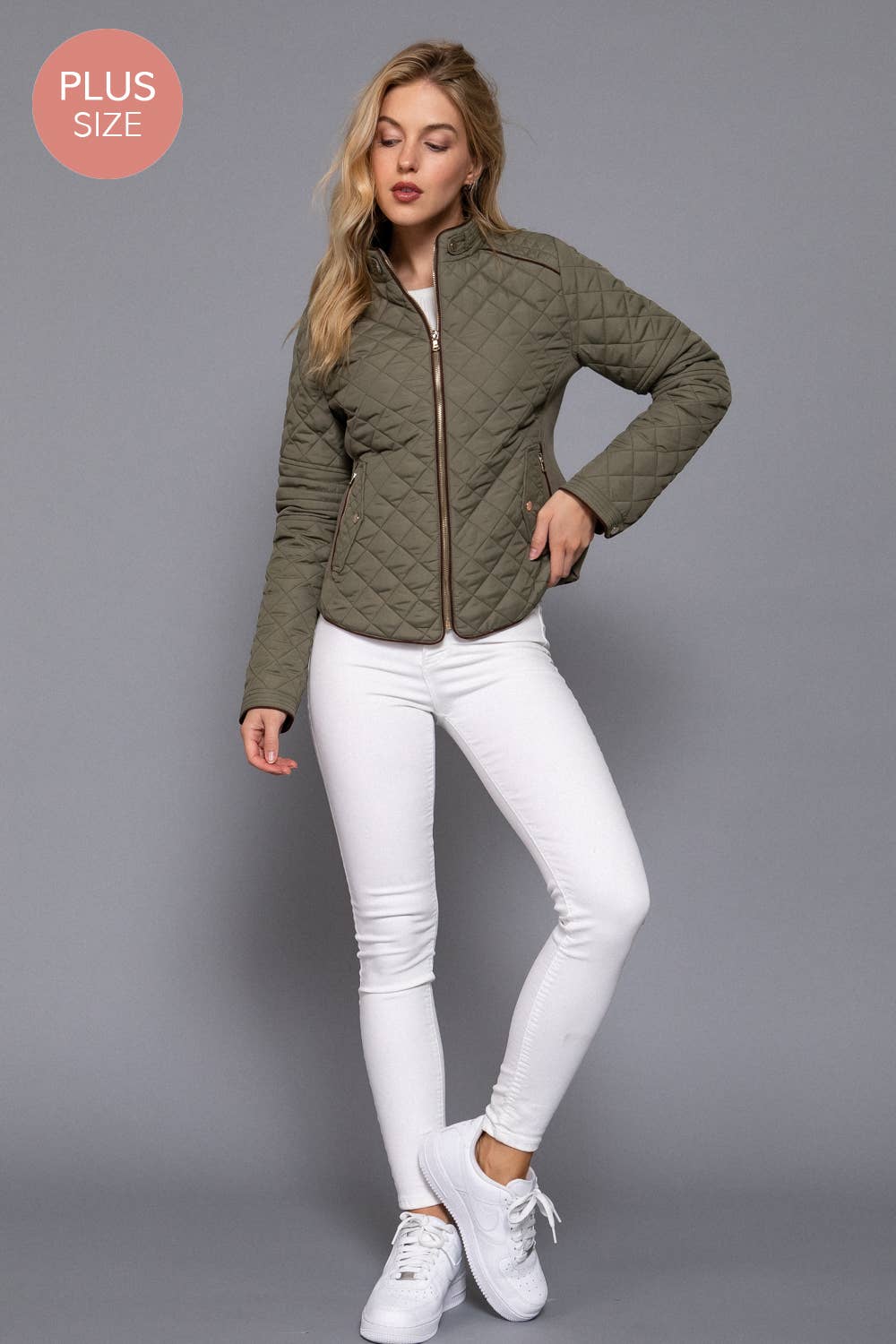 Curvy Girls Suede Piping Detail Rib Quilted Padding Jacket