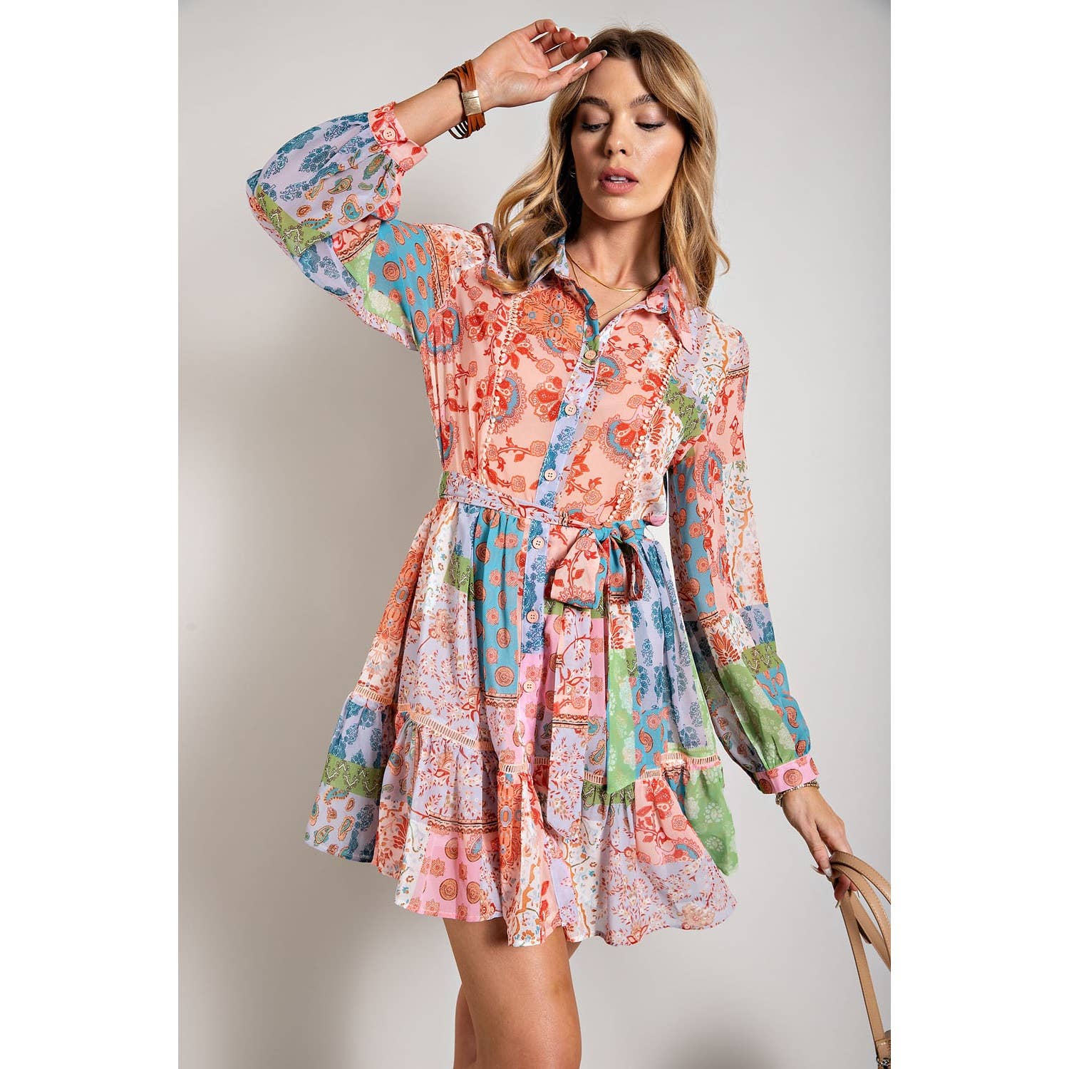 FLOWER PRINT LONG SLEEVE SHIRT DRESS