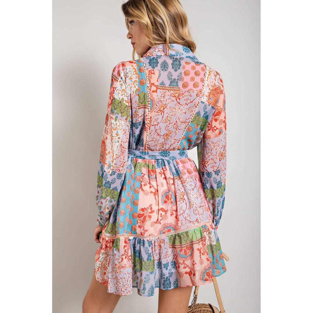 FLOWER PRINT LONG SLEEVE SHIRT DRESS