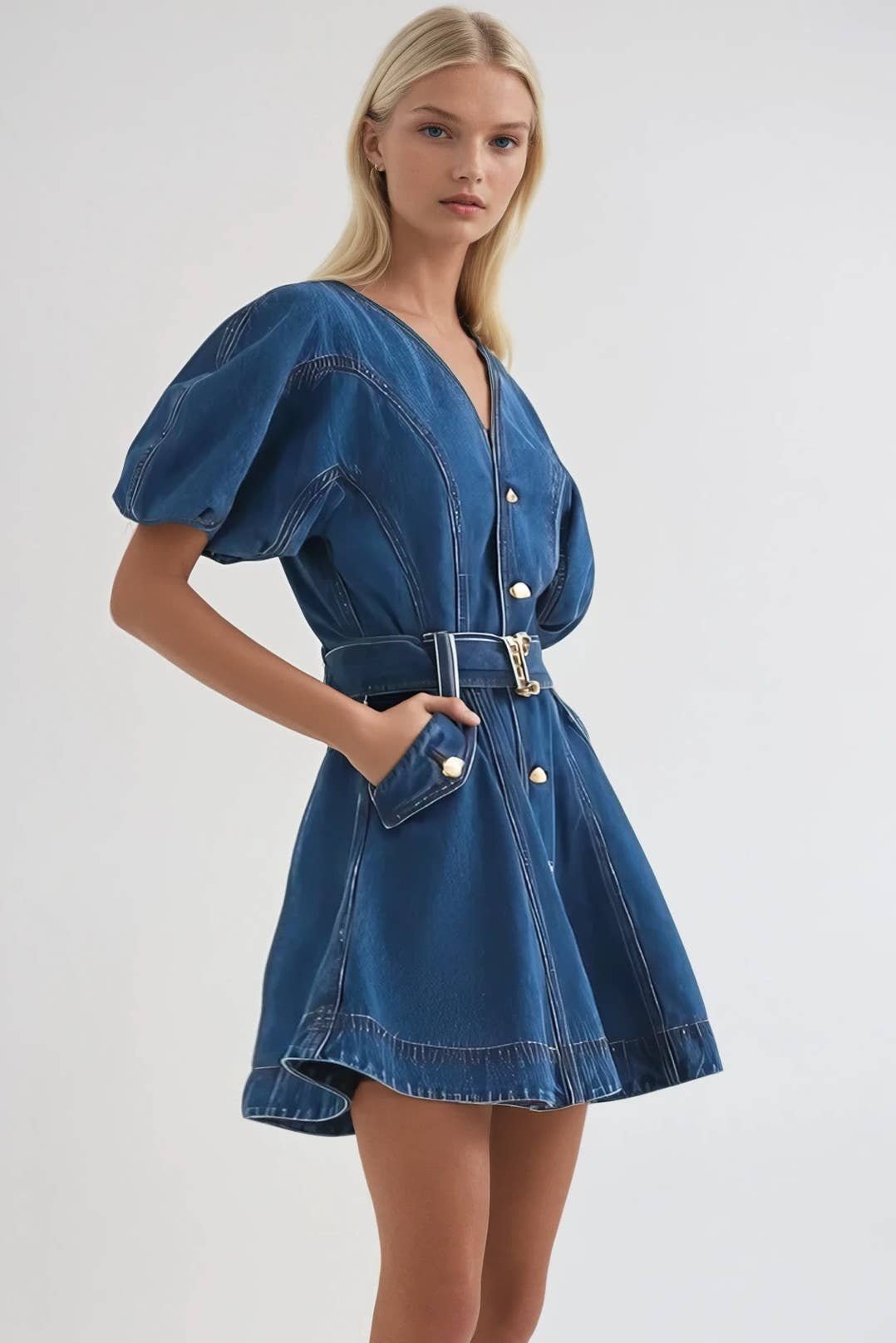 Juliette Bubble Sleeved A-Line Belted Denim Dress