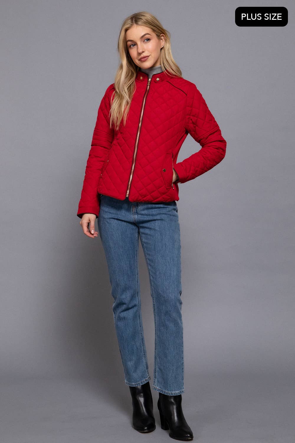 Curvy Girls Suede Piping Detail Rib Quilted Padding Jacket